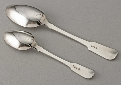 Cape Silver Tablespoon & Dessertspoon - Lawrence Twentyman, Hallmarking Interest, Heathcote Family Crest